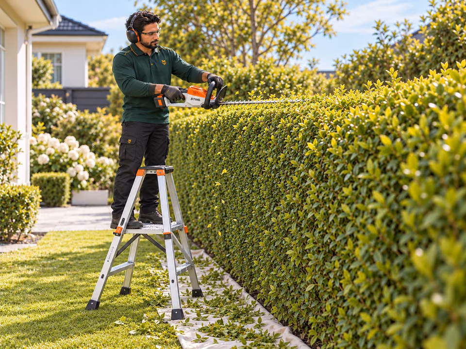 Gardener wearing hearing and eye protection trimming a hedge with a battery-powered trimmer