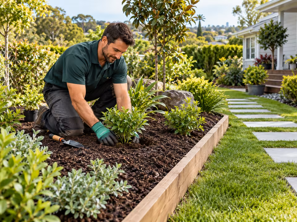 Gardener planting a landscaped garden bed with mulch, timber edging, lawn and a stepping-stone path