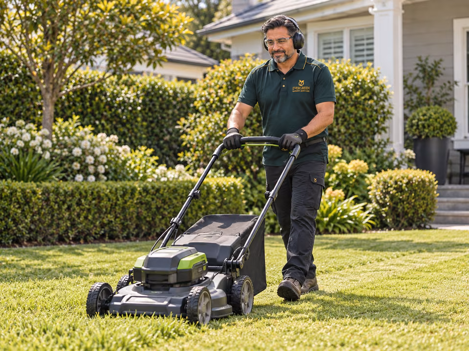 Gardener mowing a lawn with a battery-powered mower