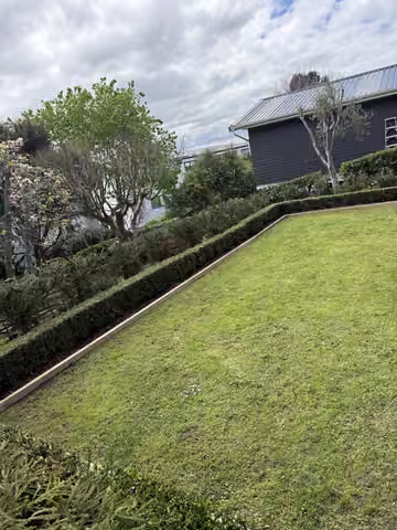Customer photo of planted and mulched garden beds with timber edging